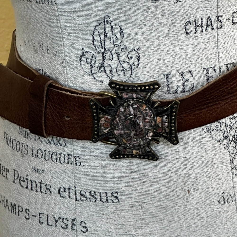 LeatherRock Vintage Brown Leather Belt with Ornate Stone Gothic Cross Buckle 34